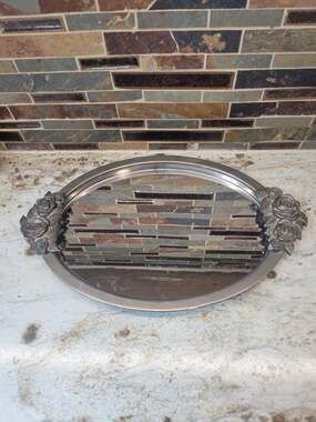 Vintage Godinger Silver Plated Oval Mirrored Vanity Tray Rose Handles 14 Inch